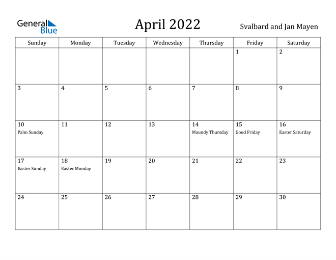 April 2022 Calendar Svalbard and Jan Mayen