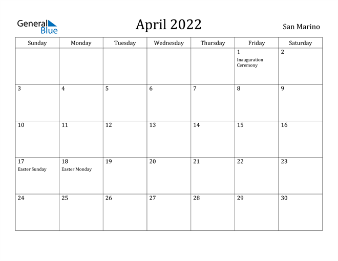 April 2022 Calendar San Marino