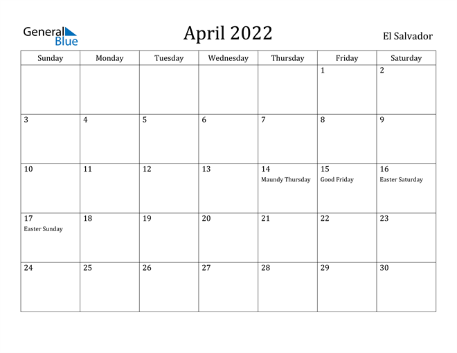 April 2022 Calendar El Salvador
