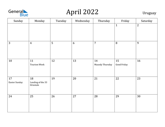 uruguay april 2022 calendar with holidays