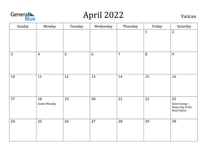 April 2022 Calendar Vatican