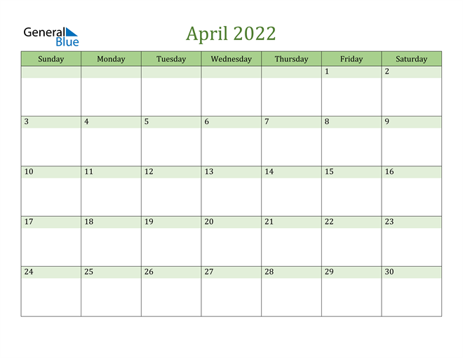  April Calendar 2022