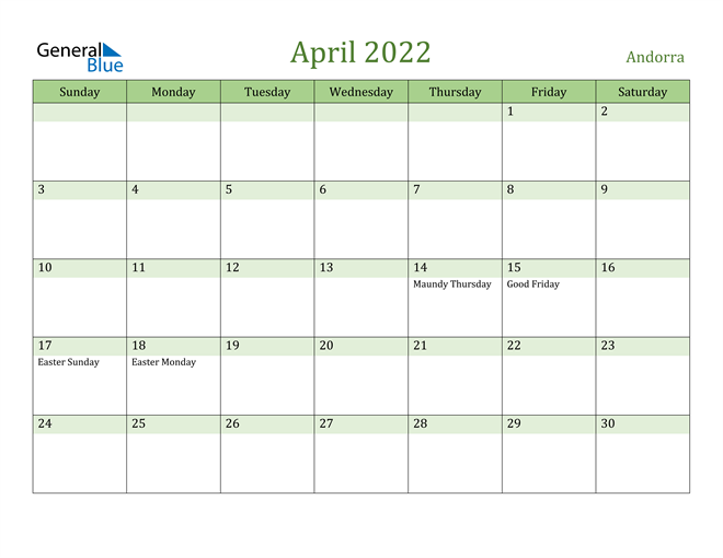 April 2022 Calendar with Andorra Holidays