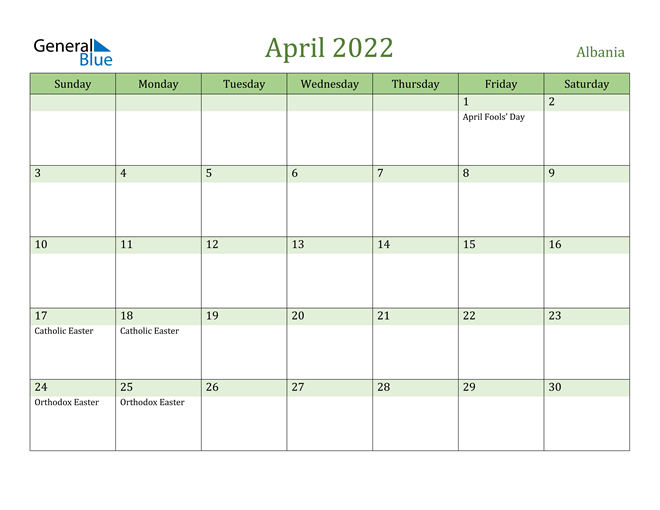 April 2022 Calendar with Albania Holidays