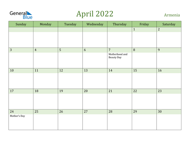 April 2022 Calendar with Armenia Holidays