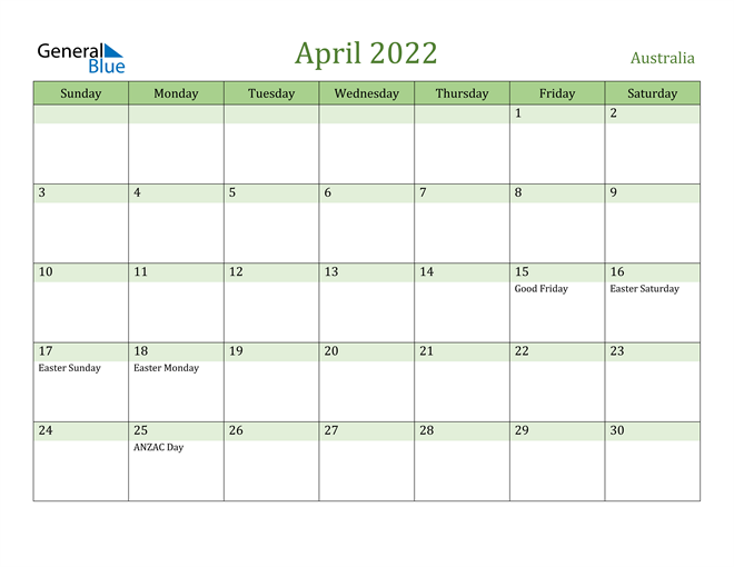 April 2022 Calendar with Australia Holidays