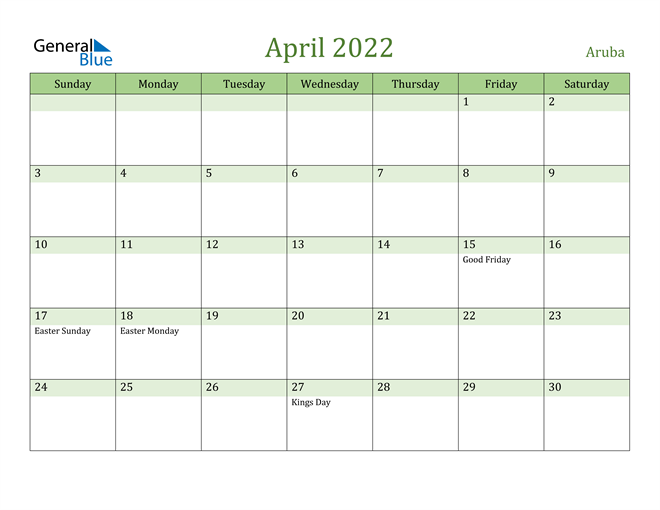 April 2022 Calendar with Aruba Holidays