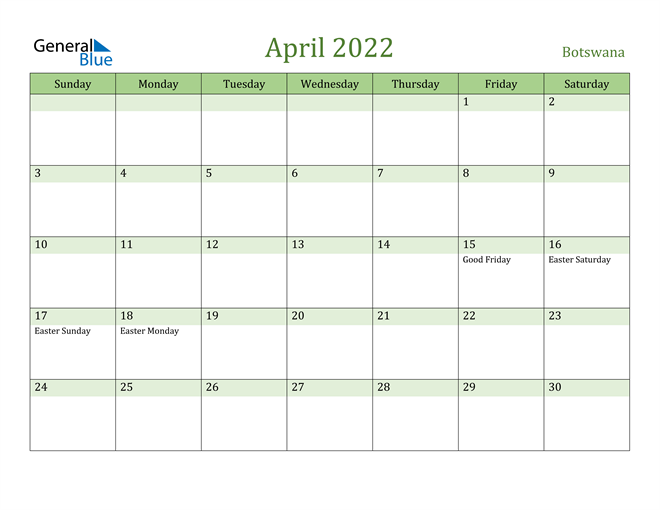 April 2022 Calendar with Botswana Holidays