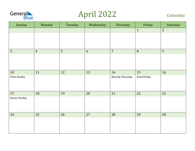 April 2022 Calendar with Colombia Holidays