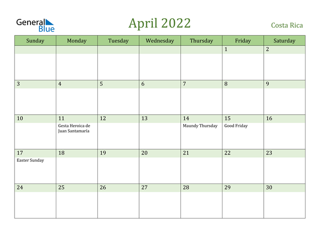 April 2022 Calendar with Costa Rica Holidays
