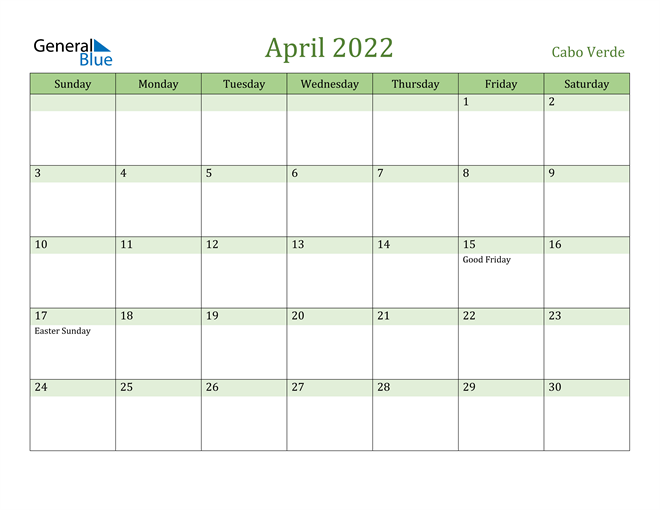 April 2022 Calendar with Cabo Verde Holidays