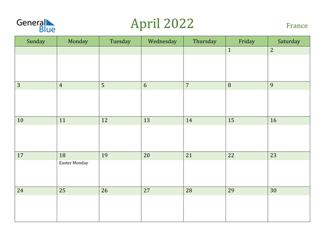 April 2022 Calendar with France Holidays