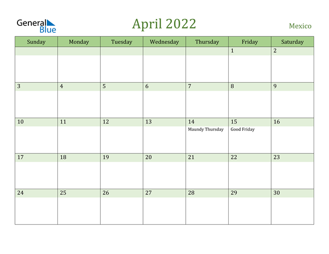April 2022 Calendar with Mexico Holidays