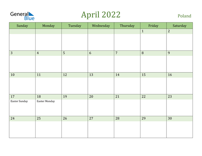 April 2022 Calendar with Poland Holidays