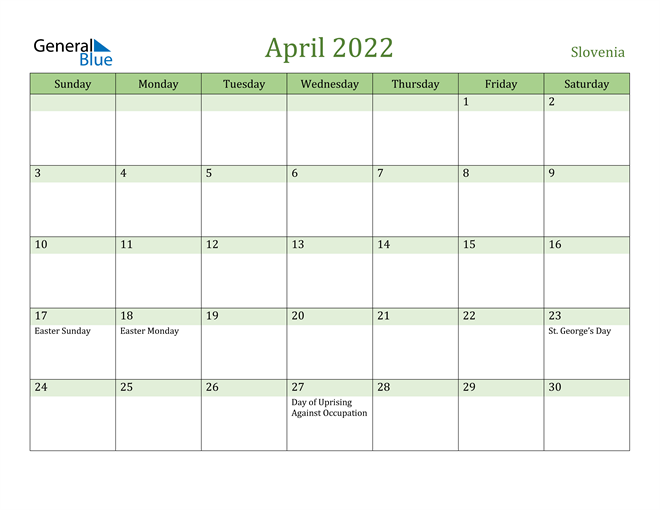 April 2022 Calendar with Slovenia Holidays