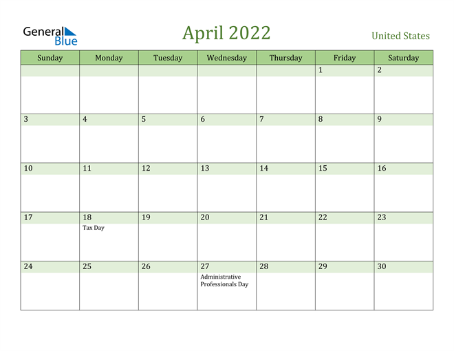 united states april 2022 calendar with holidays