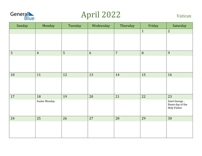 April 2022 Calendar with Vatican Holidays