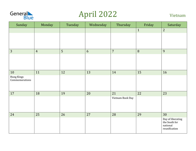 April 2022 Calendar with Vietnam Holidays
