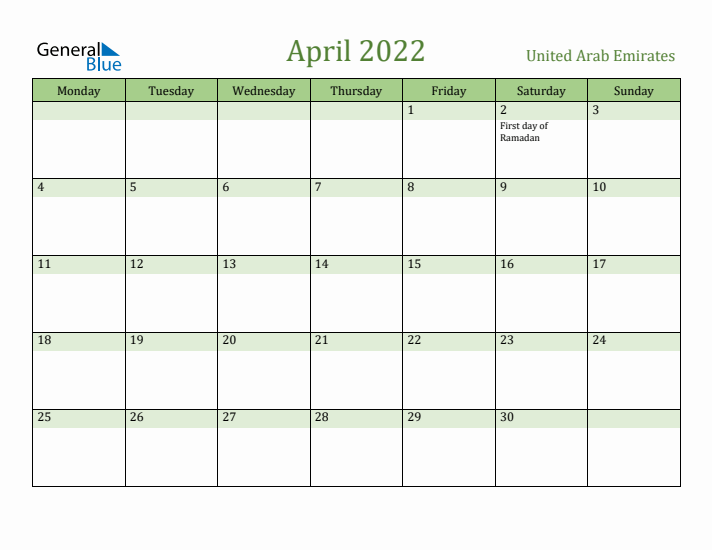 April 2022 Calendar with United Arab Emirates Holidays