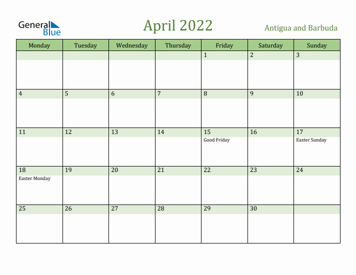 April 2022 Calendar with Antigua and Barbuda Holidays