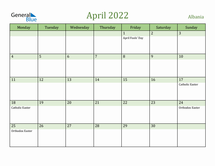 April 2022 Calendar with Albania Holidays