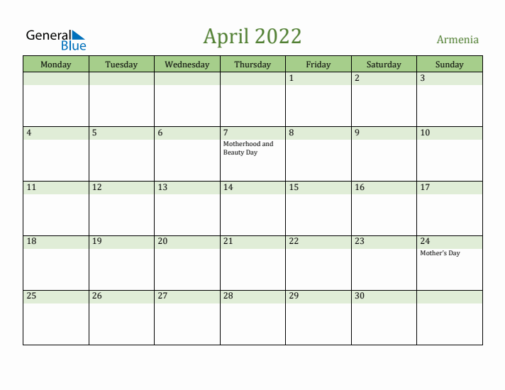 April 2022 Calendar with Armenia Holidays