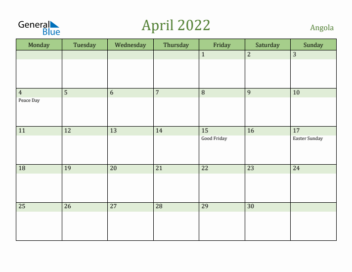 April 2022 Calendar with Angola Holidays