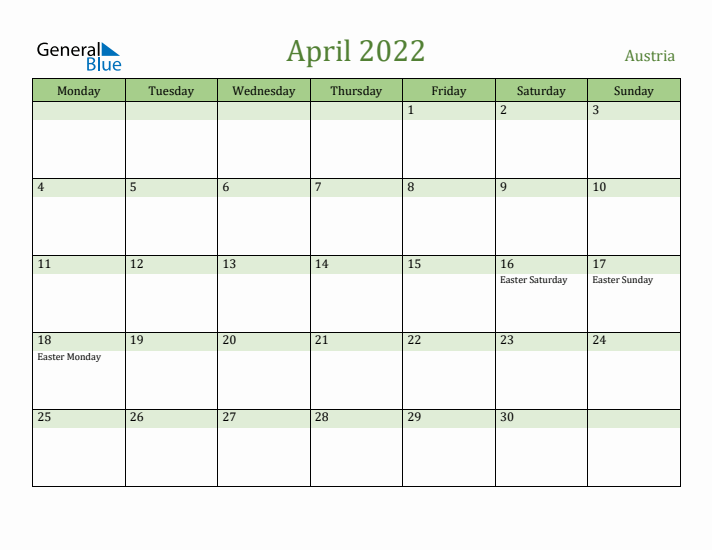 April 2022 Calendar with Austria Holidays