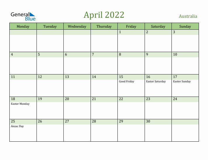 April 2022 Calendar with Australia Holidays