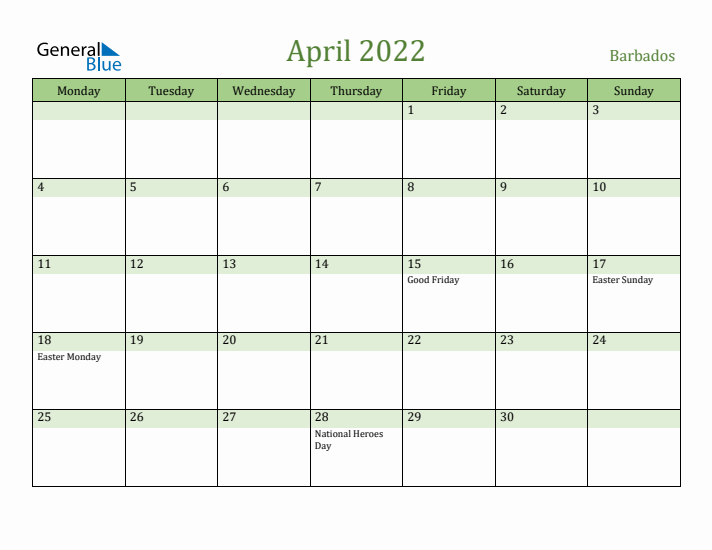 April 2022 Calendar with Barbados Holidays