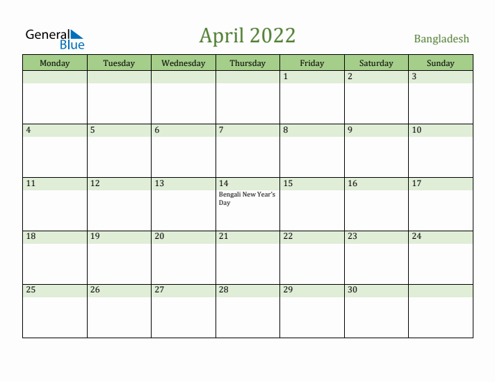April 2022 Calendar with Bangladesh Holidays