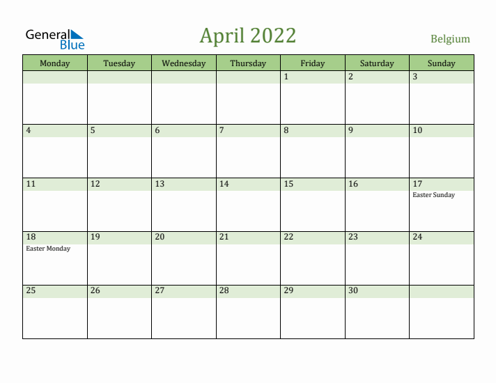 April 2022 Calendar with Belgium Holidays