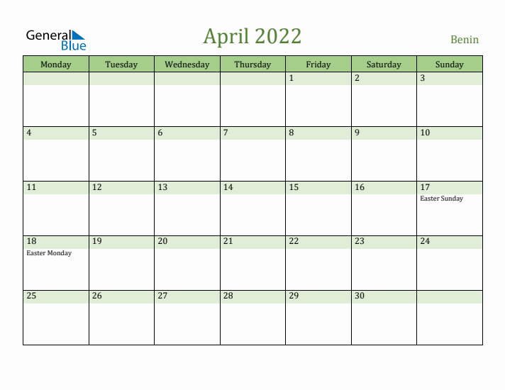 April 2022 Calendar with Benin Holidays