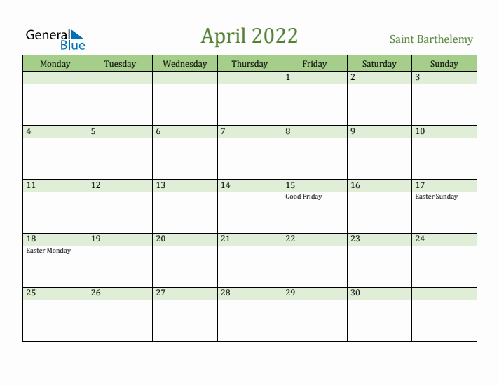 April 2022 Calendar with Saint Barthelemy Holidays