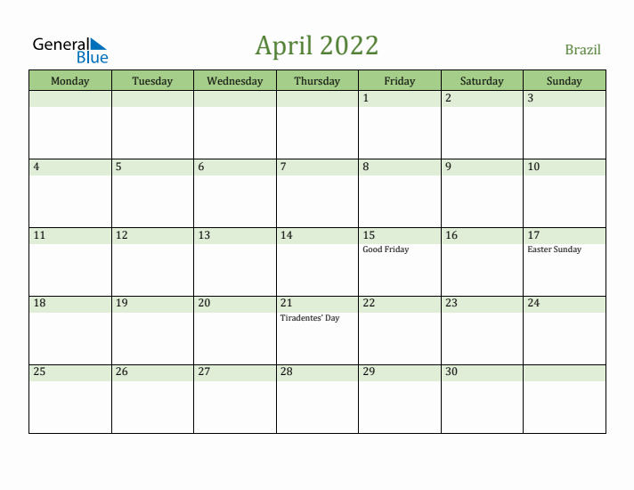 April 2022 Calendar with Brazil Holidays