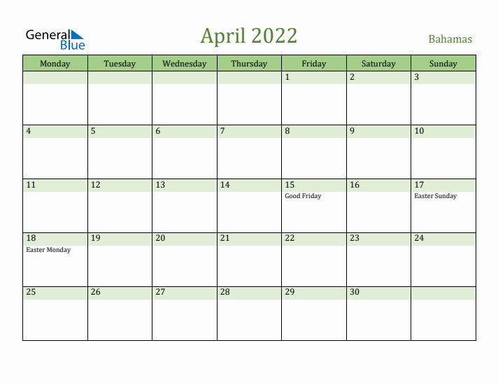 April 2022 Calendar with Bahamas Holidays