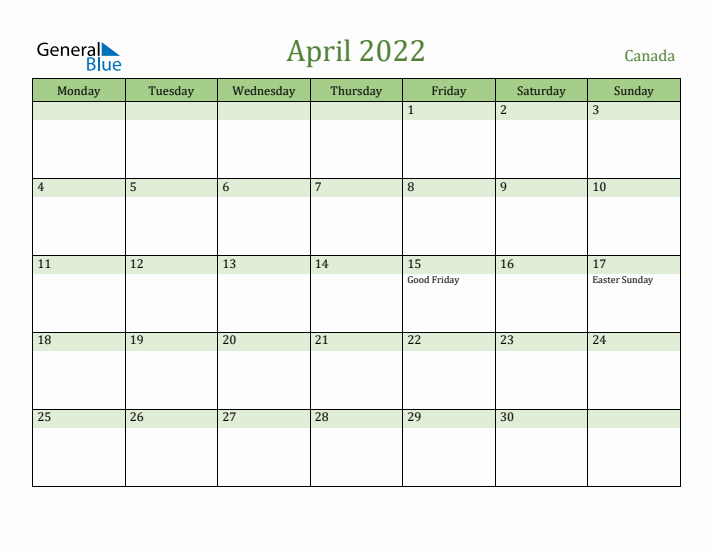 April 2022 Calendar with Canada Holidays