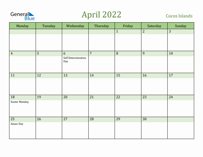 April 2022 Calendar with Cocos Islands Holidays