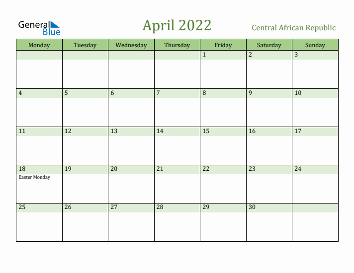 April 2022 Calendar with Central African Republic Holidays