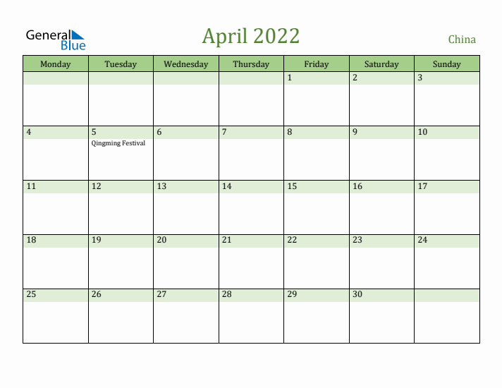 April 2022 Calendar with China Holidays