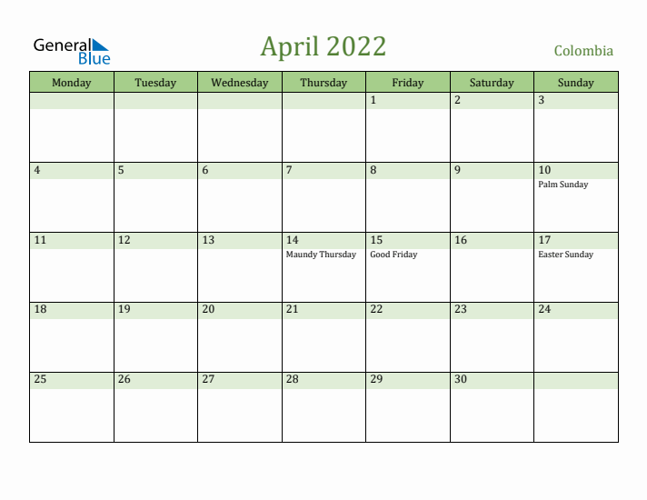 April 2022 Calendar with Colombia Holidays