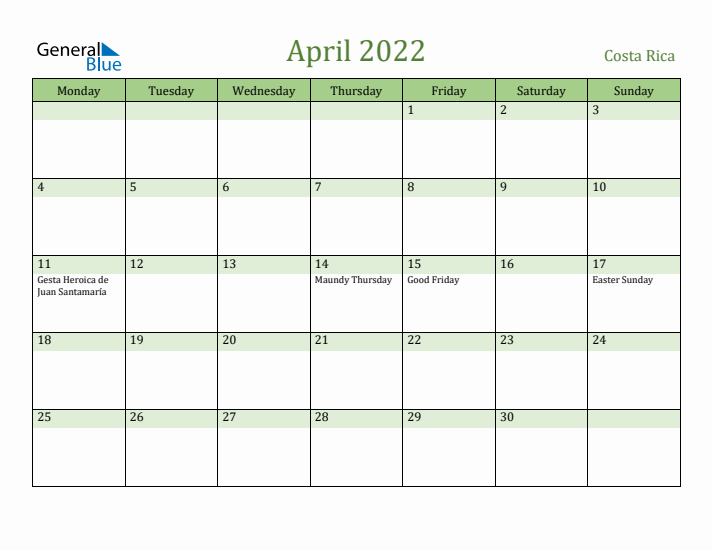 April 2022 Calendar with Costa Rica Holidays