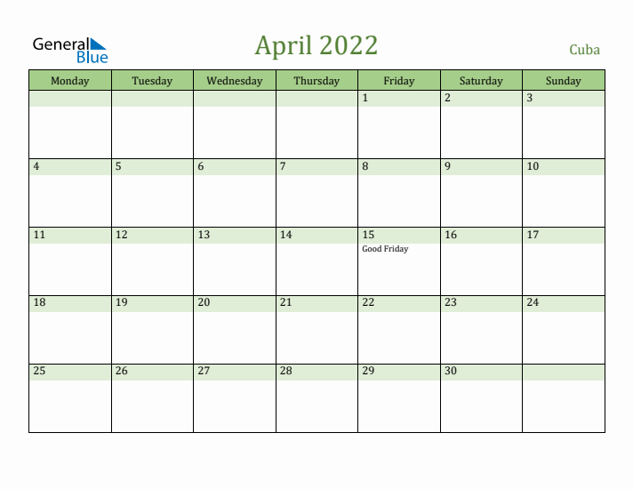 April 2022 Calendar with Cuba Holidays