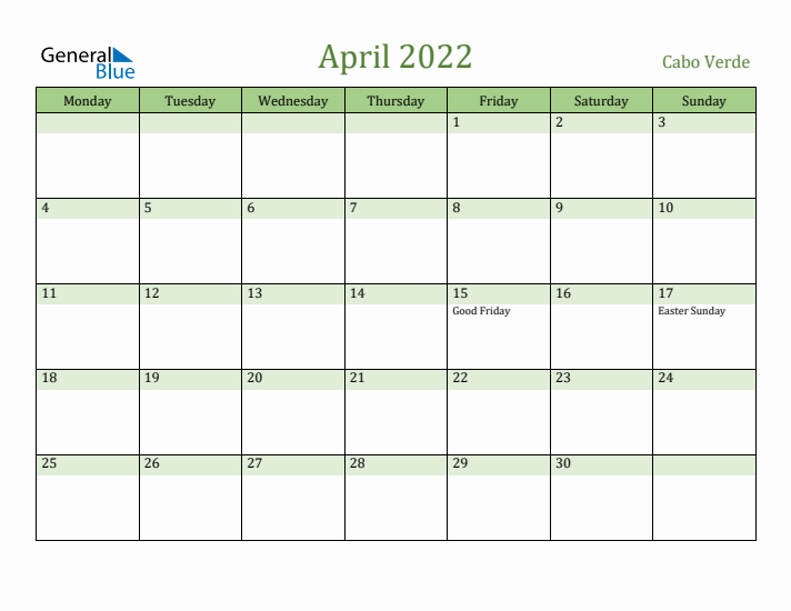 April 2022 Calendar with Cabo Verde Holidays