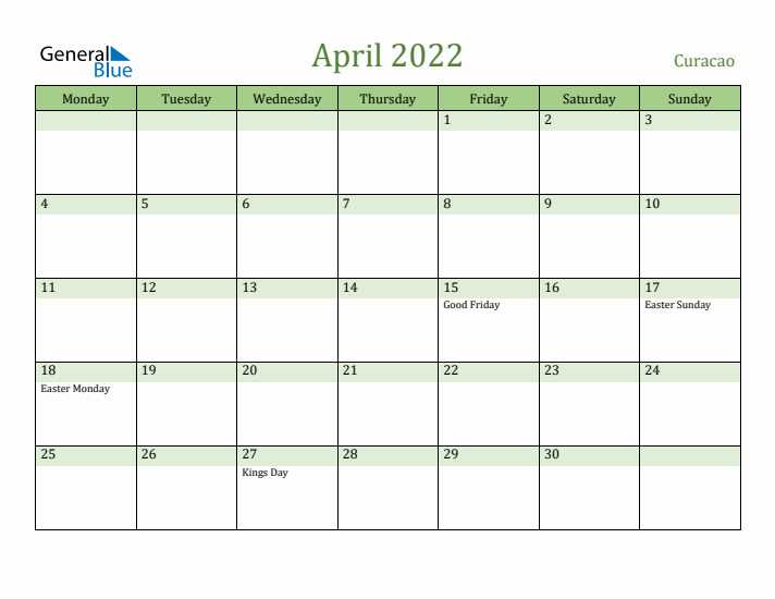 April 2022 Calendar with Curacao Holidays