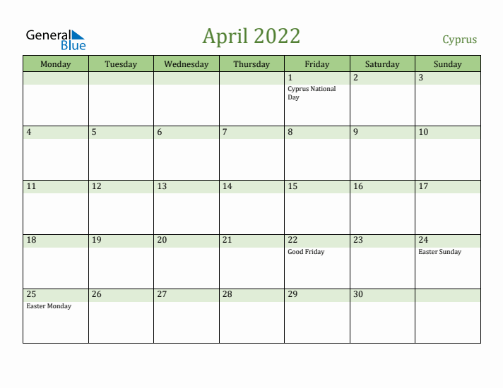 April 2022 Calendar with Cyprus Holidays
