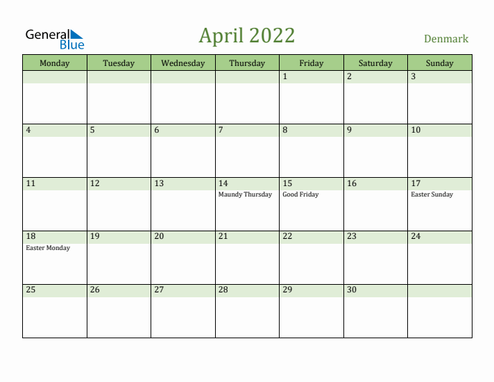 April 2022 Calendar with Denmark Holidays