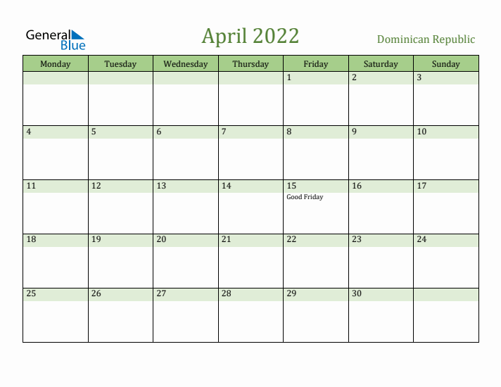 April 2022 Calendar with Dominican Republic Holidays