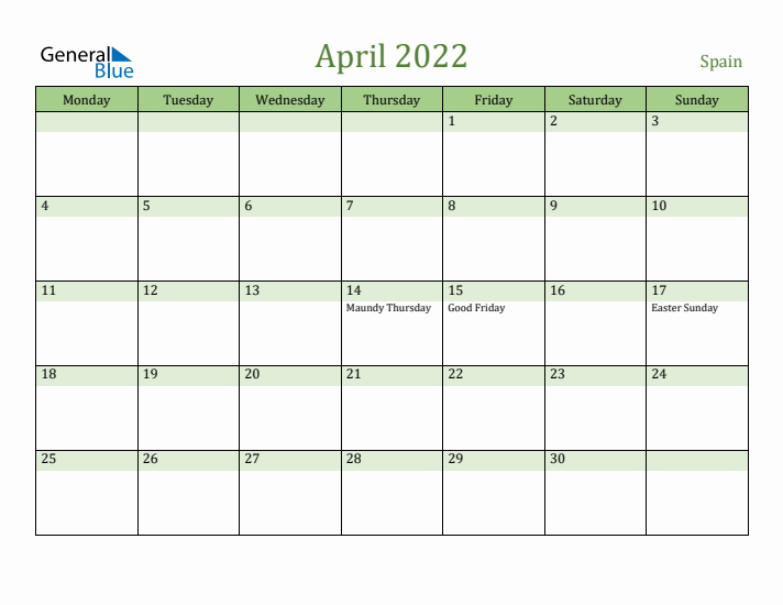 April 2022 Calendar with Spain Holidays