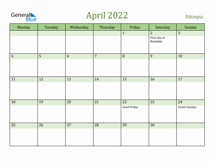 April 2022 Calendar with Ethiopia Holidays